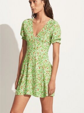 Faithfull the Brand Green Floral V-Neck Mini Dress